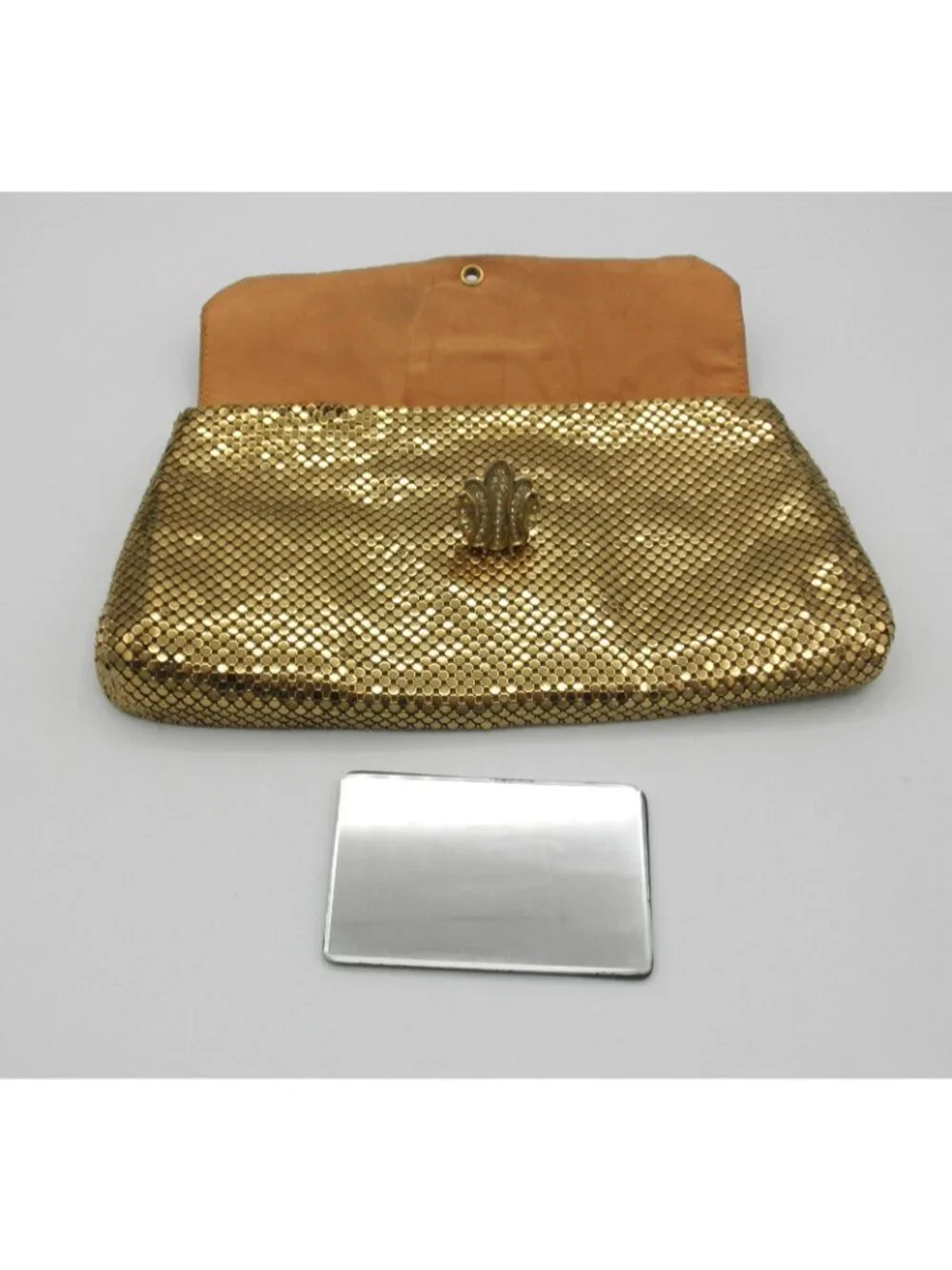 Vintage Whiting and Davis Gold Metal Mesh Rhinestone Clasp Clutch Purse FLAWS